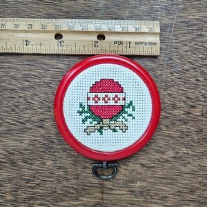 Handmade Cross Stitch Christmas Ornament Red Round Frame Needlepoint 3" Vtg